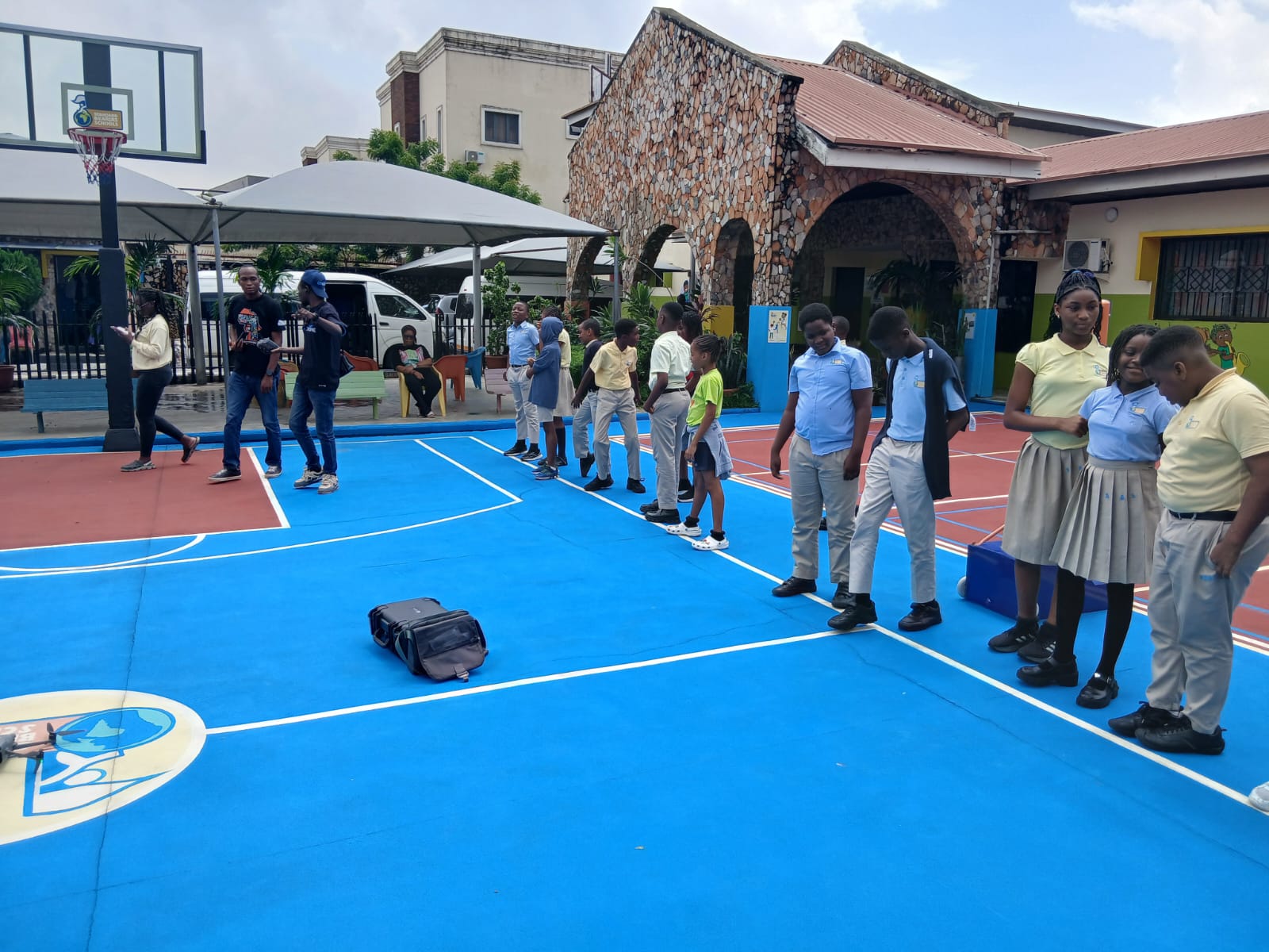 Students lined up on the court between activities